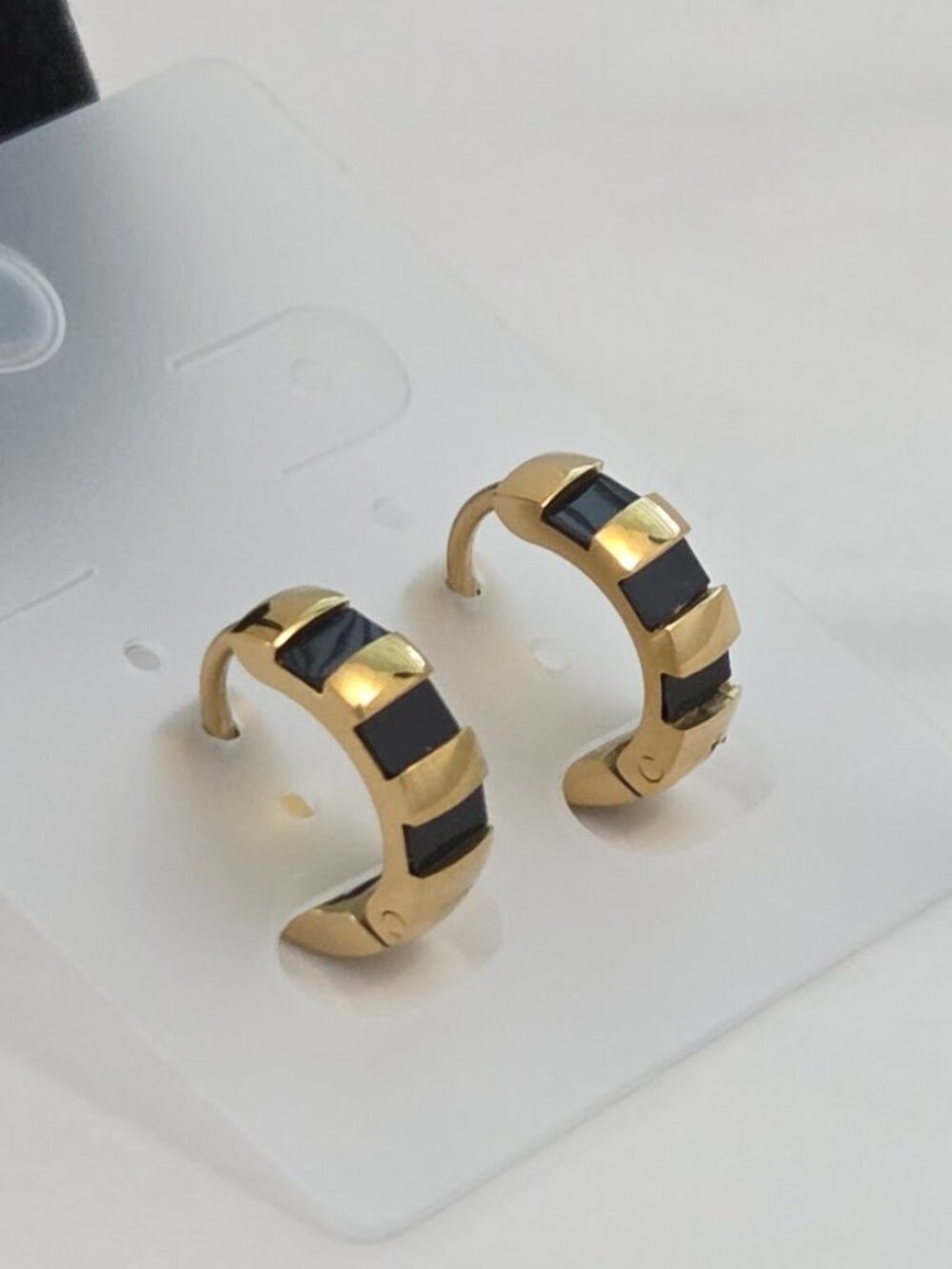 Unisex Gold Black Stripe Huggies Minimalist Small Hoop Earrings